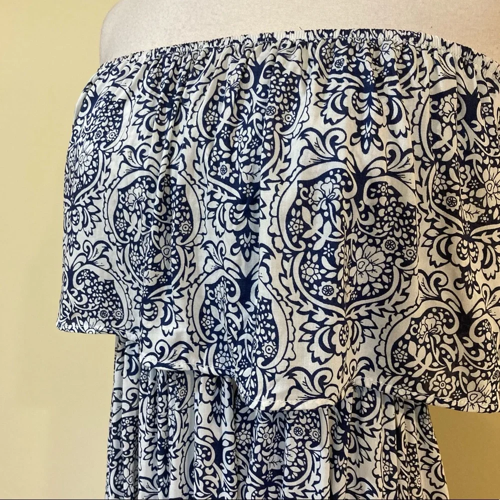 Strapless Blue Floral Ruffle Overlay Maxi Dress - Picture 4 of 4